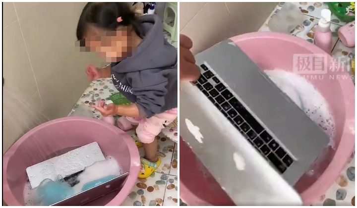 Kanak-kanak 2 Tahun Basuh MacBook Ayah